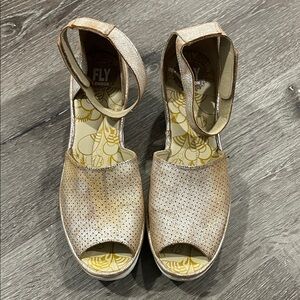 Fly London Women's Cream Peep-Toe Wedges